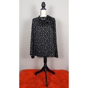 Merona Black & White Polka Dot Button Tie Neck Long Sleeve Satin Blouse Top XXL